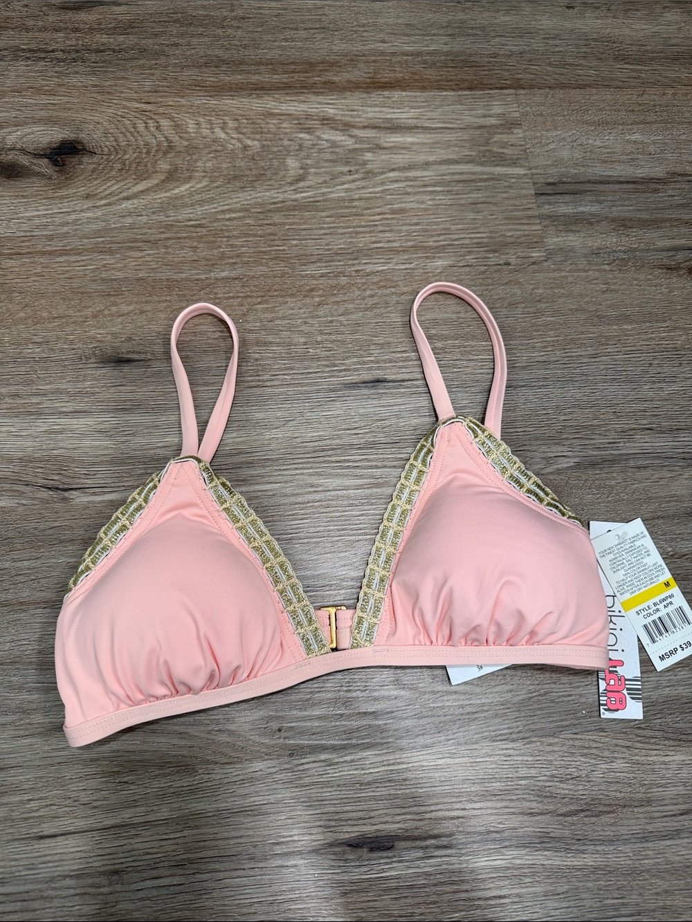 The Bikini Lab Pink Triangle Bikini Top with Gold Trim